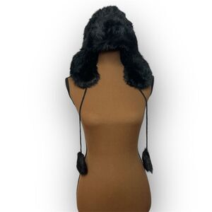 Angela & William, Vintage Faux Fur Hat, Black with Ear Flaps, 100% Acrylic